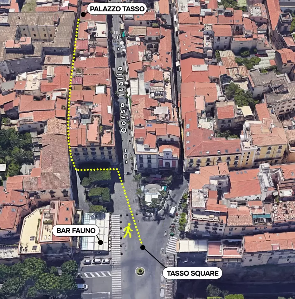 Aerial view of a city area with marked paths leading to Palazzo Tasso and Tasso Square.