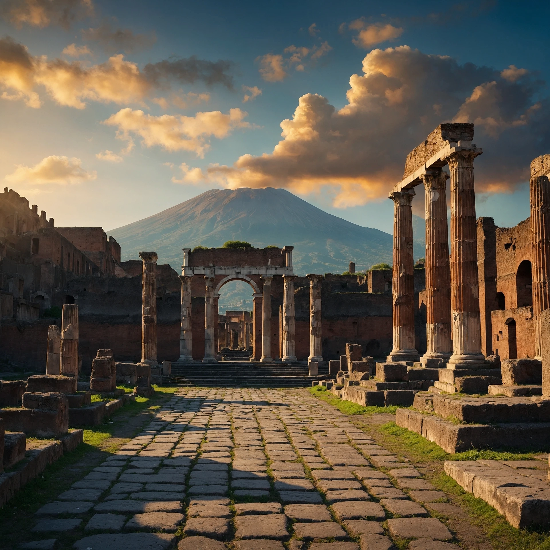 Rovine antiche di Pompei con il Vesuvio sullo sfondo al tramonto.