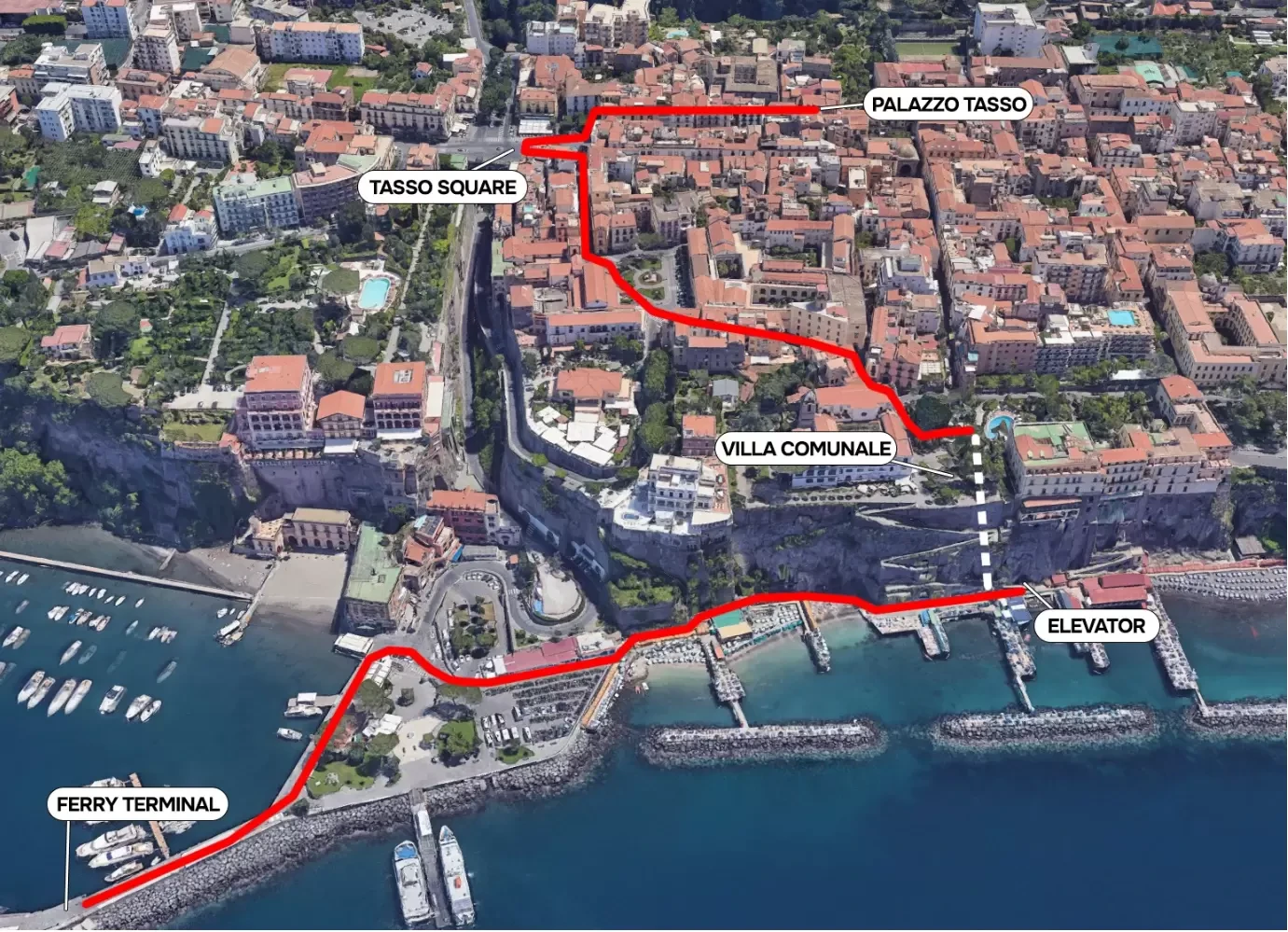 Aerial view of a coastal town map showing a walking route from the ferry terminal to Palazzo Tasso, passing through Tasso Square, Villa Comunale, and an elevator.