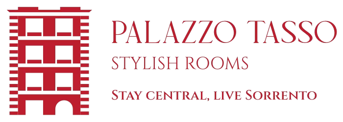 Logo of Palazzo Tasso with the text "Stylish Rooms, Stay Central, Live Sorrento."
