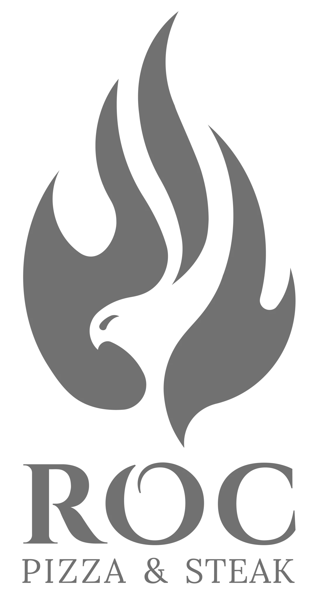 Logo of ROC Pizza & Steak with a stylized flame design.