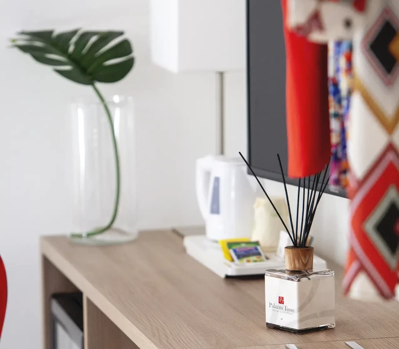 Angolo di un tavolo con diffusore di fragranze, pianta decorativa e TV sullo sfondo.