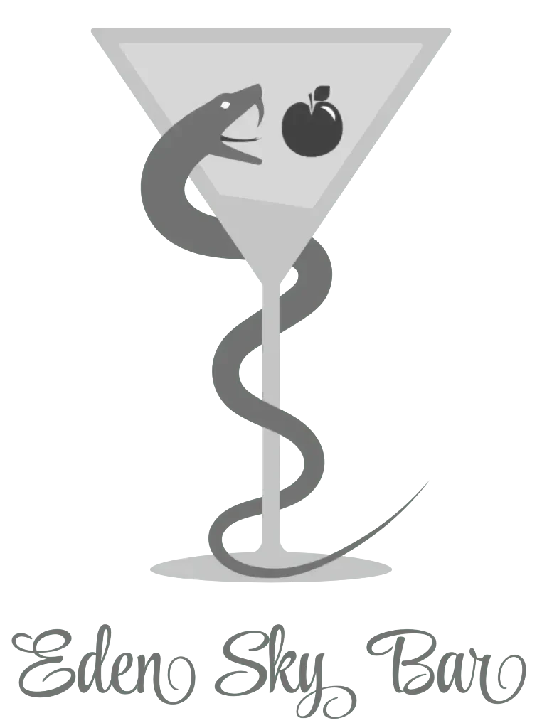 A snake is wrapped around a cocktail glass with an apple inside.